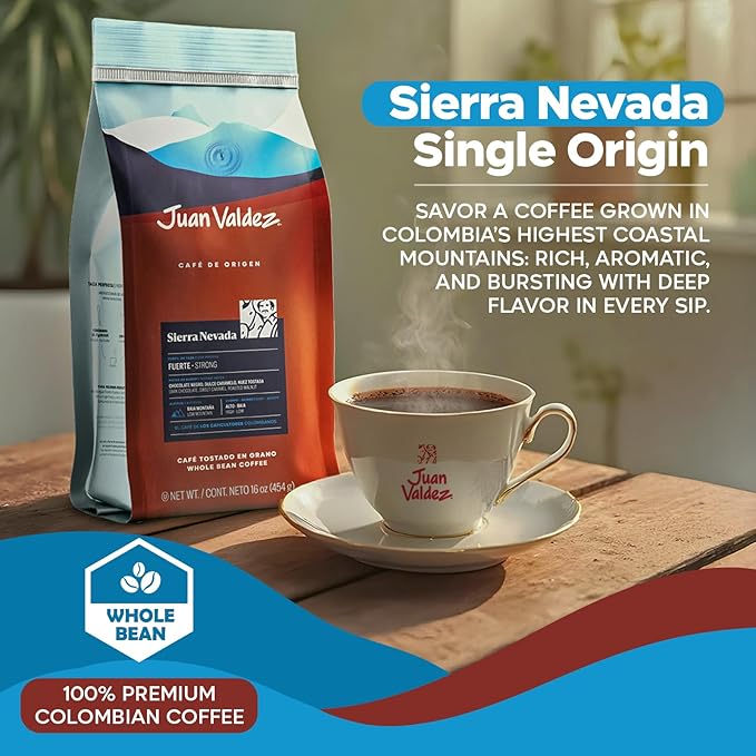 Juan Valdez Sierra Nevada Whole Bean Coffee | 100% Colombian Coffee | Single Origin with Notes of Chocolate Caramel &amp Roasted Nuts | 16 oz / 454 gr