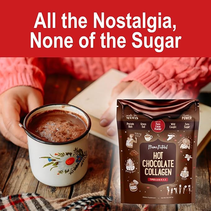 Mama Natural Hot Chocolate Multi Collagen Protein Powder Made with Organic Cacao Types 1 2 3 4 5 10 Collagen Peptides Powder - Grass Fed Beef Wild Fish Marine &amp USA Eggshell - 16 Servings
