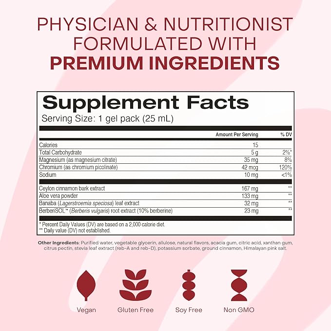 HealthyCell Glucose Support Supplement to Support Balanced Blood Sugar - Berberine Cinnamon &amp Chromium for Healthy Insulin Function &amp Proper Glucose Metabolism - 30 Gel Packs Apple Cinnamon