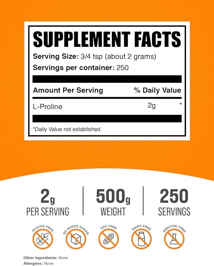 BulkSupplements.com L-Proline Powder - Proline Supplements Amino Acid Powder - Unflavored &amp Gluten Free 2g per Serving 500g (1.1 lbs) (Pack of 1)
