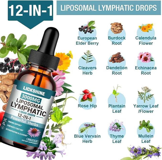 2 Packs 3000MG Liposomal Lymphatic Drainage Drops 12 in 1 Organic Lymphatic Drainage Supplements with ElderBerry Burdock Root Cleavers Herb &amp Echinacea Lymphatic Cleanse Immune Support 4 Fl o