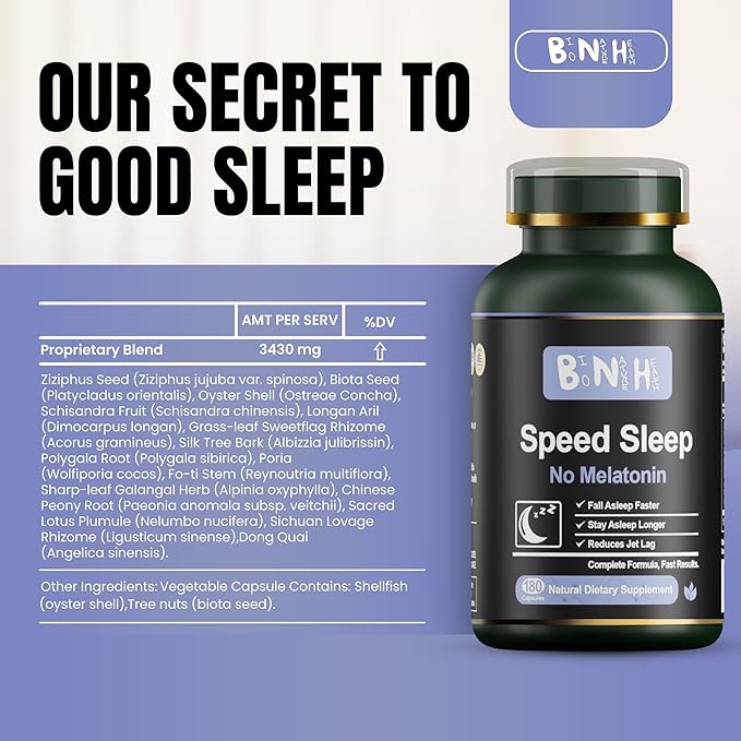 BNH Speed Sleep - Free Sleep Aid - Non-Habit Forming with 15 Herbs - Fall Asleep Faster &amp Deeper Sleep - Wake Refreshed No Morning Grogginess - Natural Chinese Herbal Formula - 180 Capsules