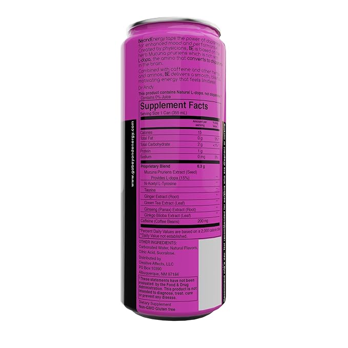 Beyond Energy - 12 Pack - Dark Berry Herbal Energy Drink Naturally Sourced L-Dopa with Mucuna Pruriens Aminos Antioxidants 200mg Caffeine - (Dark Berry)