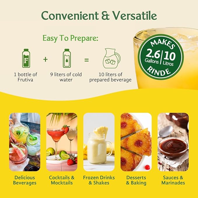 Frutiva Authentic Pineapple Drink Mix | Made in Mexico with Cane Sugar | Piña Aguas Frescas Concentrate Makes 2.6 Gallons Per Bottle | No High Fructose Corn Syrup | Perfect for Drinks Desserts &amp