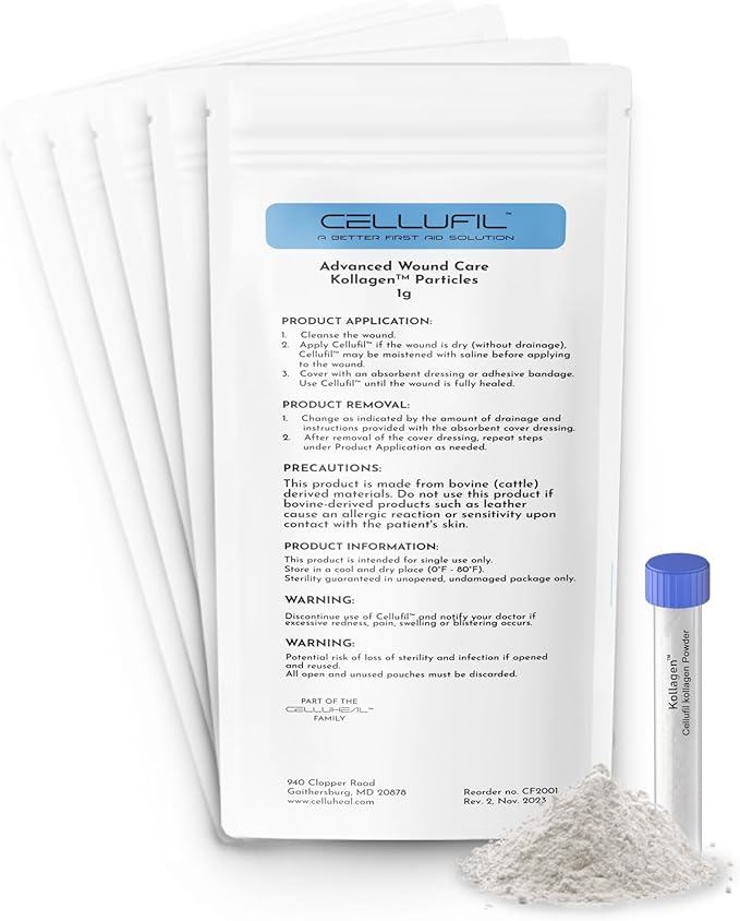 Cellufil Collagen Particles for Advanced Wound Care - 10 Vials - 100% Non-Hydrolyzed Bovine Collagen for Tissue Regeneration First Aid &amp Minor Bleeding