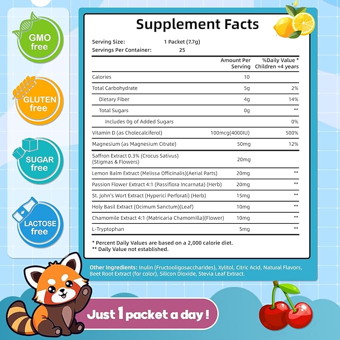 Saffron for Kids - Pixie Drink Mix Saffron Exact with GABA Magnesium &amp Vitamin D3 - Supports Mood Focus &amp Sleep Calms Temper Tantrums Fruit Punch Pixie Drink Sticks Mix for Kids 4+ Sugar-F