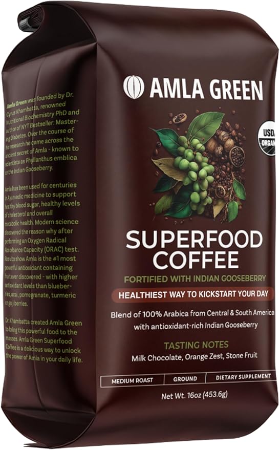 Amla Green Organic Ground Superfood Coffee Medium Roast Gourmet Coffee with Antioxidant Rich Indian Gooseberry 100% Arabica Special with Amla Benefits 16 Oz