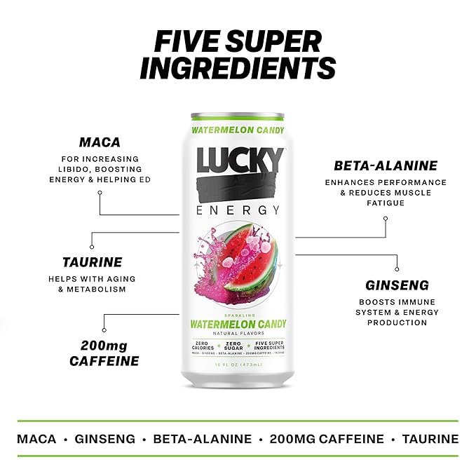 Lucky Energy Sugar Free Energy Drinks Watermelon Candy 16oz Cans (12-Pack) Healthy Zero Sugar Energy Drink with Maca Ginseng Beta-Alanine Taurine &amp 200mg Caffeine
