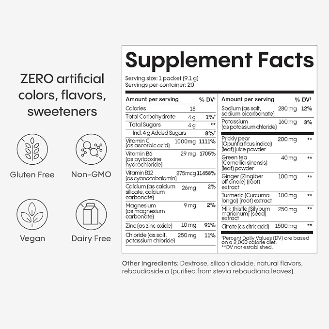 Hydralyte Liver Support + Electrolyte Mix with Milk Thistle Turmeric Ginger Prickly Pear Green Tea Extract Formulated for Rapid Rehydration (Pineapple Mango Ginger 20 Packets)