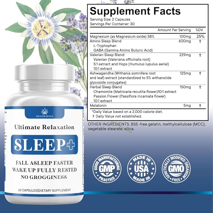 Relaxation Sleep Aid Natural Non-Habit Forming Sleep Supplement Developed to Support for Longer &amp Better Sleep Chamomile Magnesium Melatonin Ashwagandha GABA Drug-Free (120 Count)