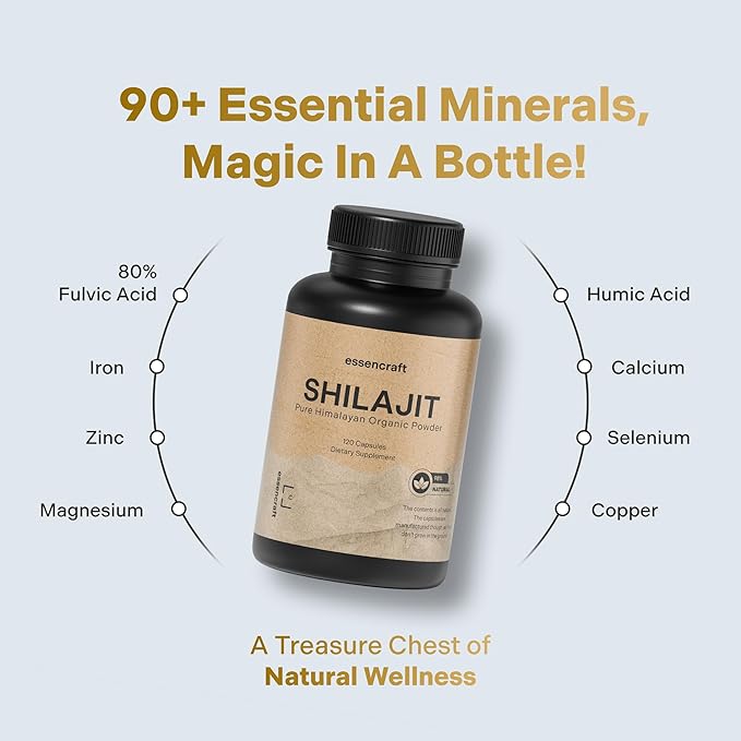 Organic Himalayan Shilajit Resin Extract - 1000mg Max Potency Lab Tested Pure Shilajit for Men &amp Women 85+ Trace Minerals Fulvic Acid Immune Support Energy Cognition 2 Month Supply 120 Caps