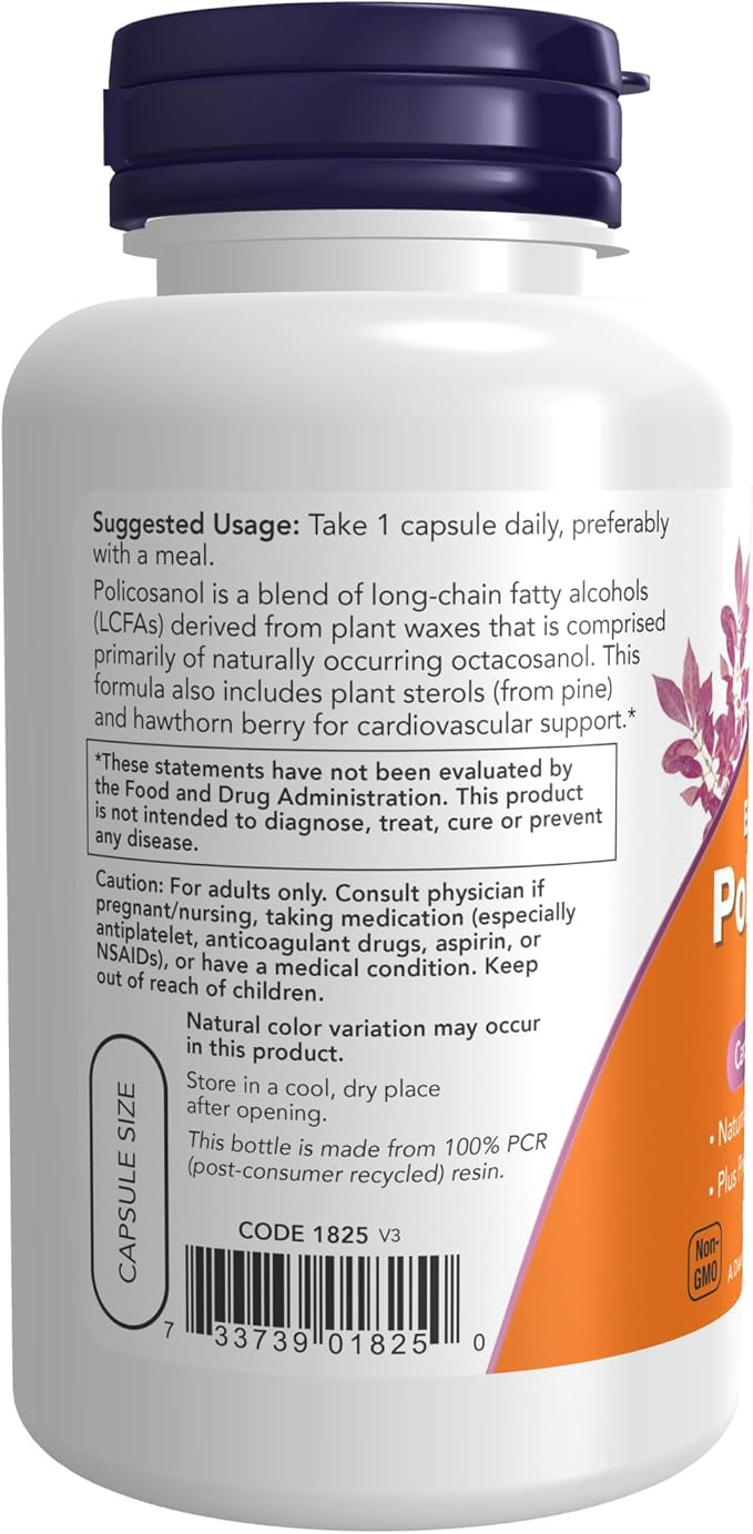NOW Foods Supplements Policosanol 40mg with Pine Plant Sterols and Hawthorn Extra Strength 90 Veg Capsules