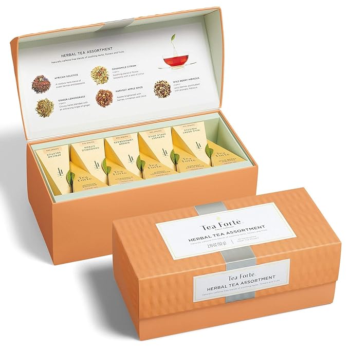 Tea Forte Premium Presentation Box Gift Set Sampler 20 Count Assorted Blends Individually Wrapped Handcrafted Pyramid Infuser Bags Herbal Tea