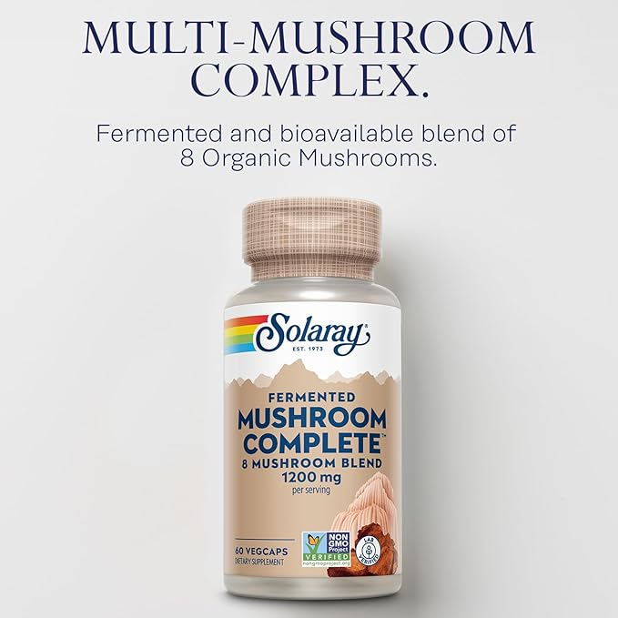 SOLARAY Fermented Mushroom Complete - Organic Chaga Reishi Shiitake Cordyceps Turkey Tail Mushroom and Lions Mane Supplement Capsules - 8 Mushroom Supplement - Non-GMO 30 Servings 60 VegCaps