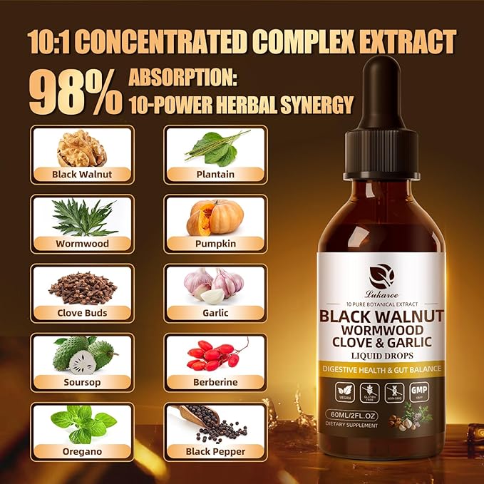 Lukaree Wormwood Black Walnut Clove Cleanse for Humans Tincture – Rapid Gut Detox &amp Digestive Health with Garlic Pumpkin Seeds Soursop Oregano 10:1 Ultra-Concentrated Liposomal Tech 98% Absorptio