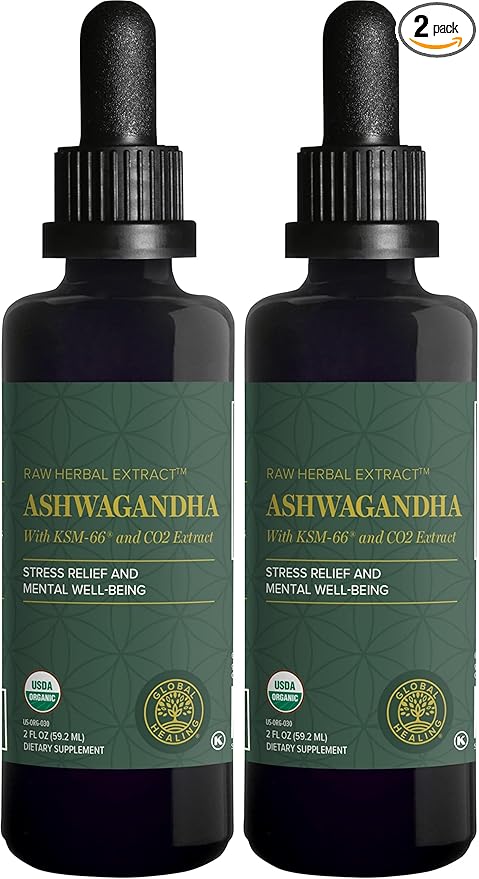 Global Healing Center - Organic Ashwagandha Supplements Drops - KSM-66 Ashwagandha Extra Strength for Men &amp Women Helps Promote Relief from Stress Mood Support Organic (2 Fl Oz) (Pack of 2)