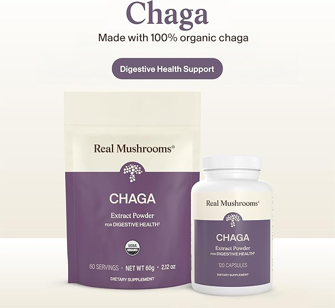 Real Mushrooms Chaga Mushroom Capsules – Organic Chaga Extract Powder with Extract Powder for Wellness &amp Energy Support– Vegan Non-GMO 120 Capsules – Organic Mushroom Supplement
