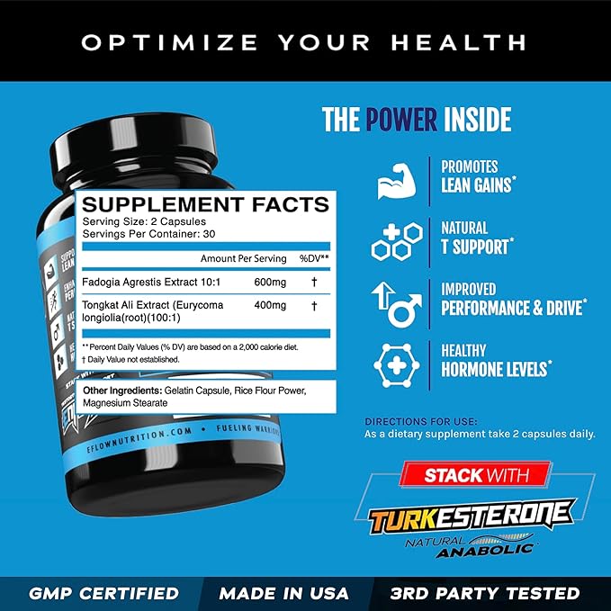 eFlow Nutrition Fadogia Agrestis + Tongkat Ali - [2-in-1] Natural Performance Supplement for Health and Wellness - Hormone Energy &amp Mood Support - Extract Powder (60 Capsules)