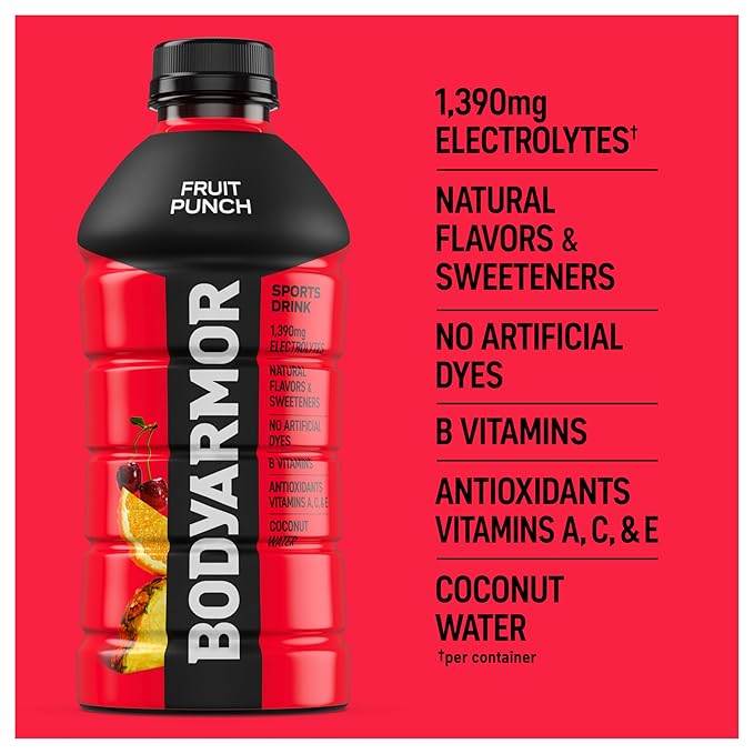BODYARMOR Sports Drink Fruit Punch Electrolyte Drink Hydration 28 Fl Oz Bottles (15 Pack) Flavored Coconut Water with B Vitamins &amp Antioxidants