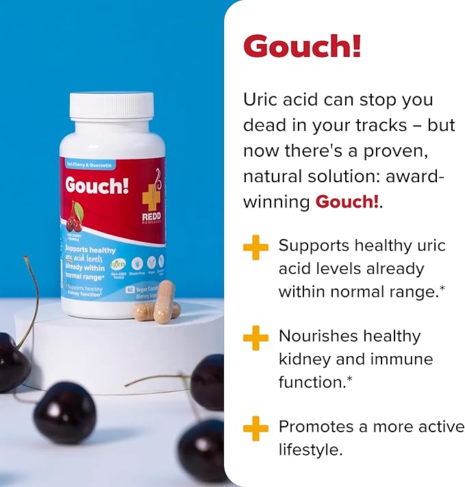 Redd Remedies Gouch! | Supplement for Joints Uric Acid Levels and Healthy Kidney Function | Tart Cherry Ginger Quercetin &amp More | 60 Vegan Capsules