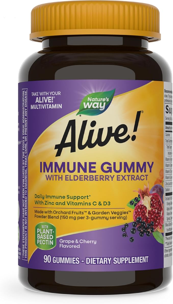 Nature's Way Alive! Immune Support* Gummies with Elderberry Extract Vitamins C &amp D3 Zinc No Gluten Grape &amp Cherry Flavored 90 Vegetarian Gummies (Packaging May Vary)