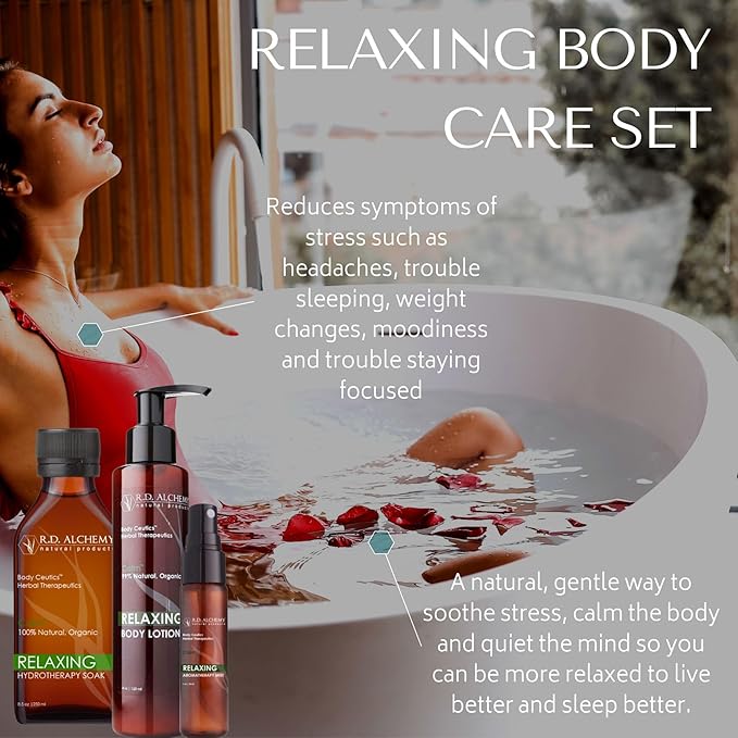 RD Alchemy - Natural &amp Organic Relaxing Body Care Set - Soothe the Day Away and Calm Stress as you Moisturize Soften and Soothe Dry Skin - 3 Part Set: Body Lotion Body Oil &amp Aromatherapy Mis