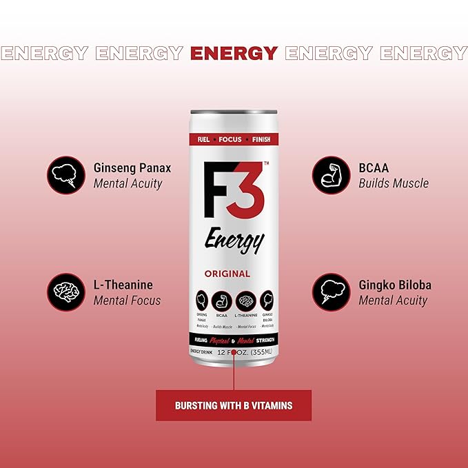 F3 Energy Drink Variety Pack - Muscle Building Sports Drinks w/BCAA Panax Ginseng &amp Ginkgo Biloba - Natural Energy Drinks for Mental Focus &amp Muscle Recovery 125 mg Caffeine (12 pack)