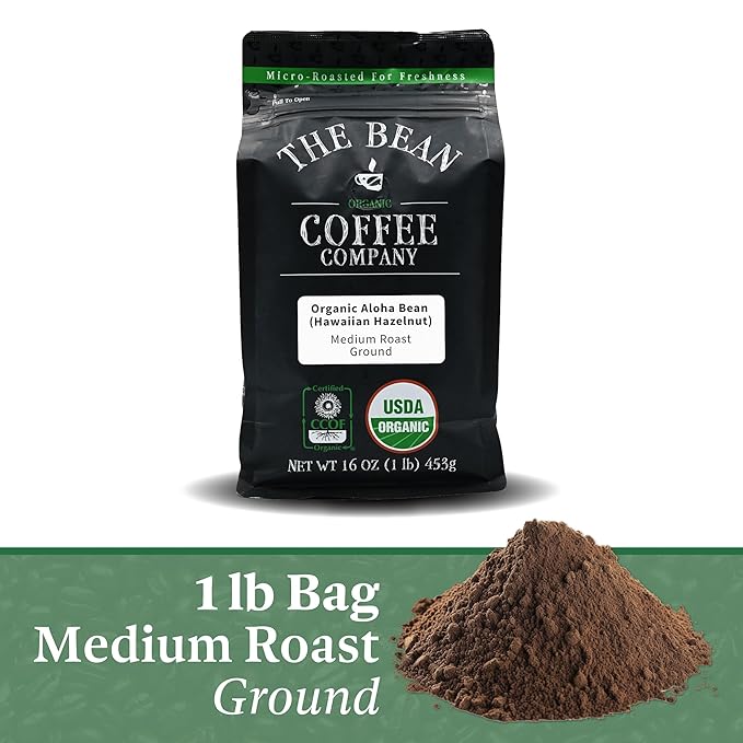 The Bean Organic Coffee Company Aloha Bean (Hawaiian Hazelnut) and Vanilla Bean Medium Roast Ground Coffee 16-Ounce BagCafé molido tostado organico