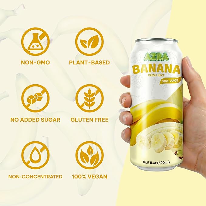 AZRA 100% Banana Juice 500 ml Can (Pack of 12) – Real Fruit Beverages with No Sugar Added – Healthy Drinks and Fresh Juice – Natural 100 Percent Fruit Drink – 16.9 fl oz Cans
