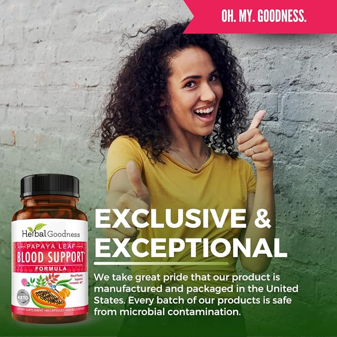 Herbal Goodness Papaya Leaf Blood Support Capsules - Platelet &amp Bone Marrow Health Immunity Support &amp Blood Cleanse - 60/450mg Veggie Capsules (1 Bottle)