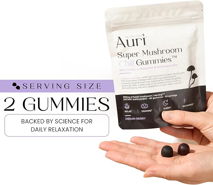 Auri Nutrition Super Mushroom Chill Gummies - Natural Calming Aid &amp Stress Reduction Supplement for Adults w/Reishi Mushroom Ashwagandha L-Theanine- Unwind Mind &amp Harmonize Your Day- 60 Calm