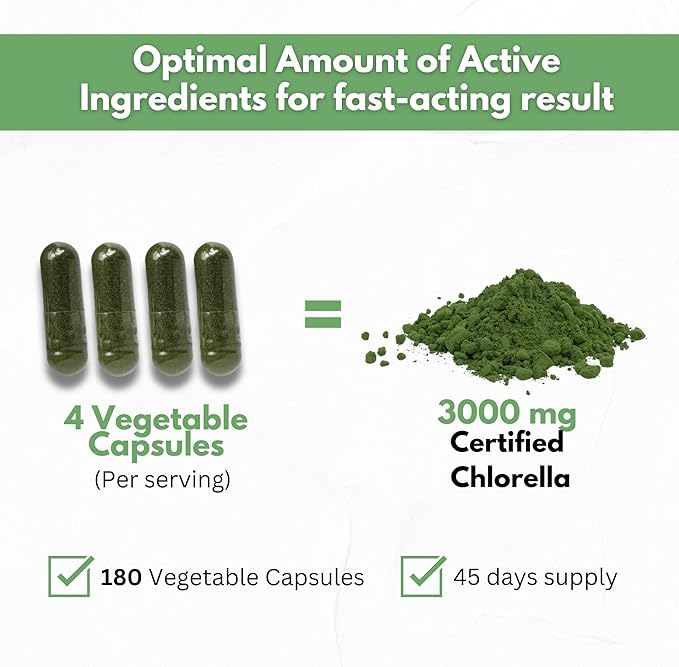 Chlorella Capsules 3000 mg - Cracked Cell Wall Blue Green Algae Supplement - Best Natural Detox Cleanse - Plant Vitamins Minerals Chlorophyll Vegan Protein Powder Pills - Made in USA