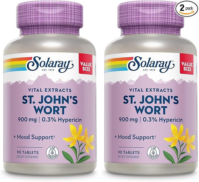 SOLARAY St. Johns Wort Aerial Extract One Daily 900mg | Standardized w/ 0.3% Hypericin for Mood Stability | Non-GMO | 90 Servings | 90 Tablets (Pack of 2)