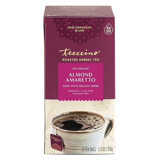 Teeccino Almond Amaretto Herbal Tea - Rich &amp Roasted Herbal Tea That's Caffeine Free &amp Prebiotic for Natural Energy 25 Tea Bags (3 Pack)