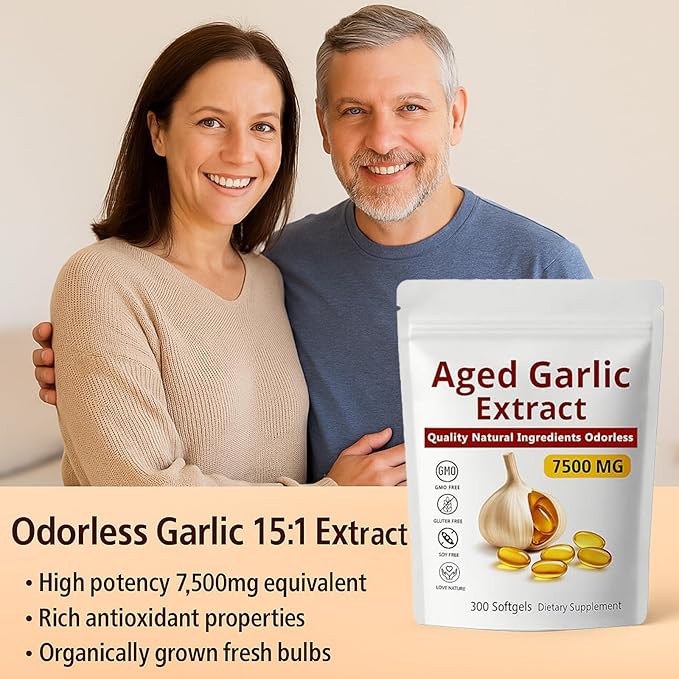 Elare Aged Garlic Extract 7500mg Organic Garlic Capsules Supplement for Supports Immune &amp Heart Health Odorless Non-GMO Gluten-Free Vegetarian 300 Softgels
