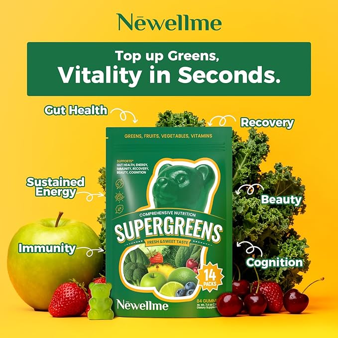 NEWELLME Super Greens Gummies Delicious Daily Greens Multivitamin Gummy Bears with Superfoods Fiber &amp Probiotics for Gut Health Energy &amp Immune Support Sugar Free 42 Grab-and-Go Packs