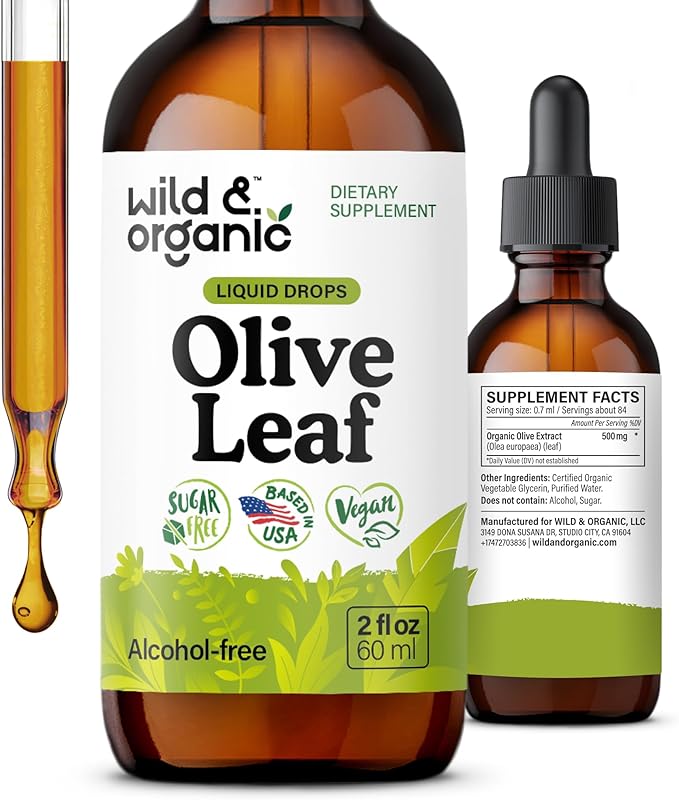 Wild &amp Organic Olive Leaf Extract Liquid Drops - Immune &amp Antioxidant Support - Oleuropein Olive Leaf Supplement - Add to Tea Tincture - Vegan Sugar &amp Alcohol-Free - 2 fl oz