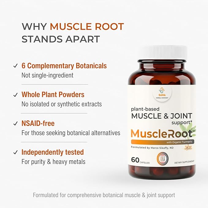 Muscle &amp Joint Support Supplement – Botanical Formula for Healthy Inflammatory Response | 6 Research-Backed Botanicals | Organic Turmeric | 60 Capsules | Sana Herbal