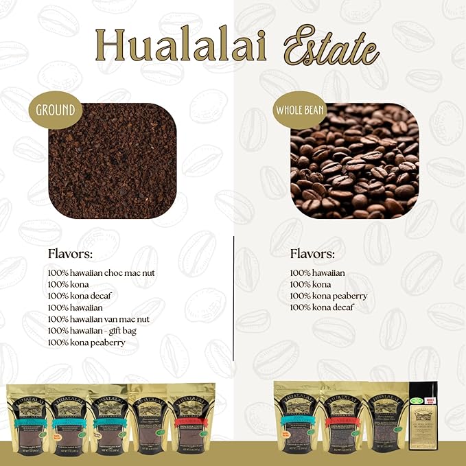 Hualalai Estate Whole Bean 100% Kona Coffee - Medium Dark Roasted Hawaiian Grown Beans - Pesticide-Free Gourmet Grade Premium Coffee (7 oz)