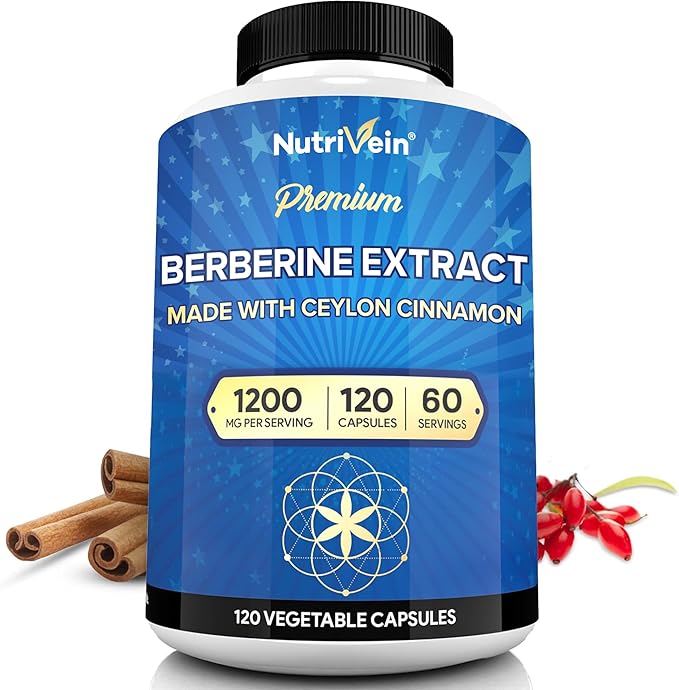 Nutrivein Premium Berberine 1200 mg with Ceylon Cinnamon - 120 Capsules: High-Absorption Berberine Supplement for Defenses Digestion &amp Metabolism