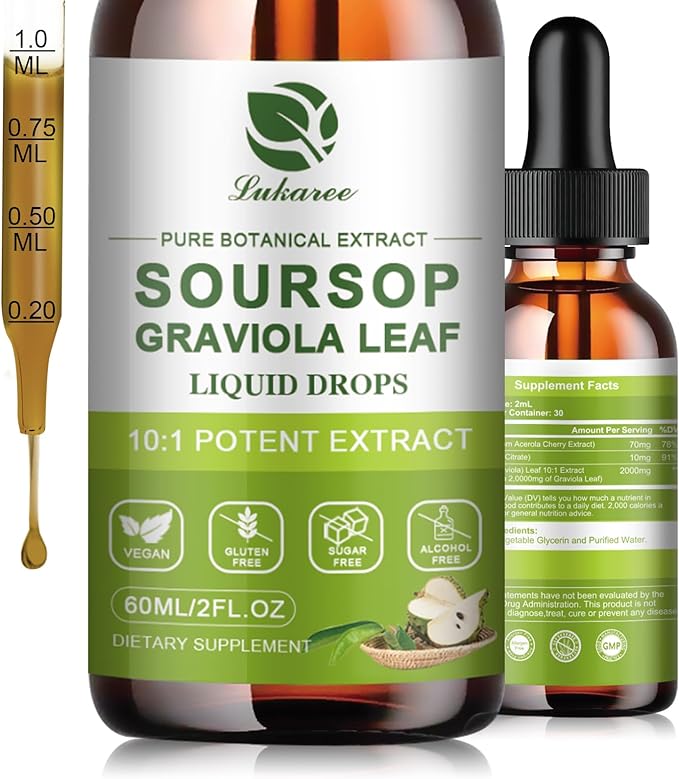 Lukaree Pure Soursop Leaves Extract 10X Concentrated Graviola Soursop Bitters Liquid Drop for Immune Digestive Energy Cold-Extracted with High Potency Alcohol-Free Vegan &amp Non-GMO