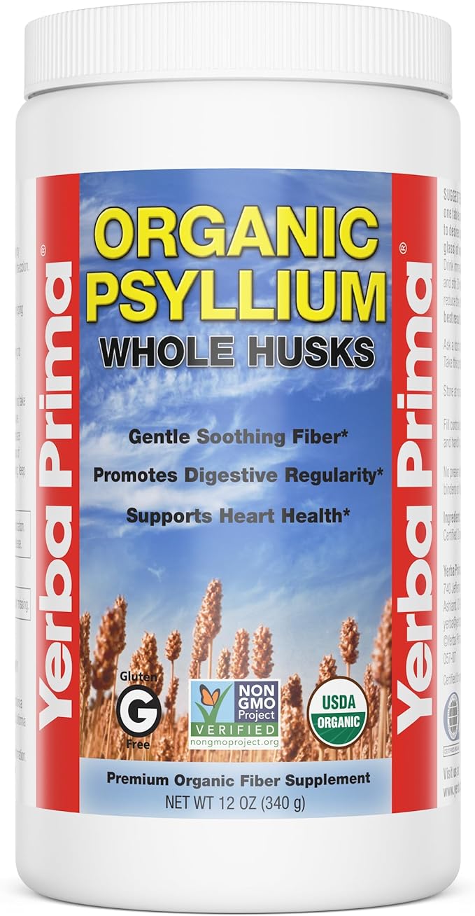Yerba Prima Organic Psyllium Whole Husks 12 oz - Natural Dietary Fiber Supplement Non GMO Gluten Free Keto and Vegan Friendly for Regularity Support Unflavored