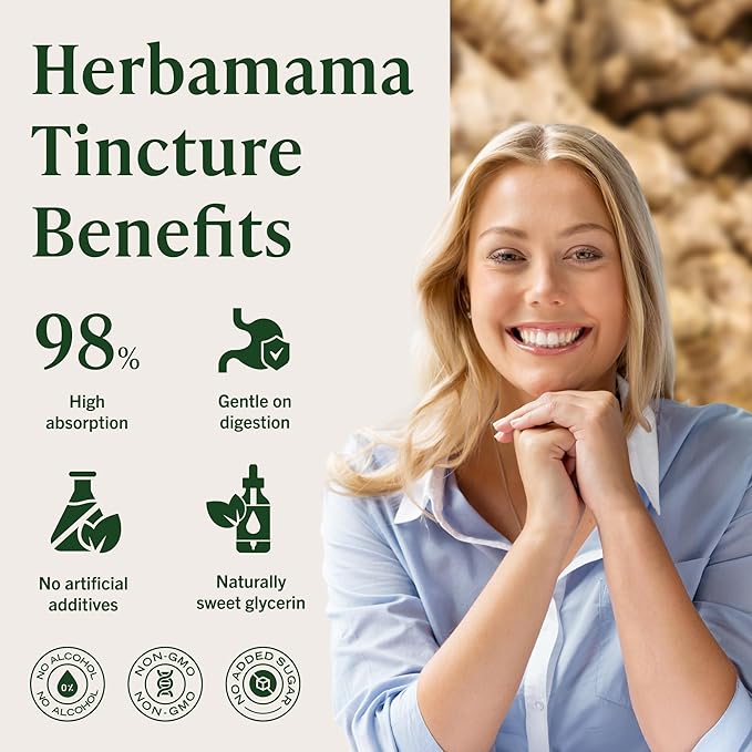 HERBAMAMA Ginger Drops - Vegan Digestive Support &amp Overall Well-Being with Ginger Root Extract Tincture - Non-GMO Alcohol &amp Sugar-Free Liquid Antioxidant Supplement 28-Day Supply