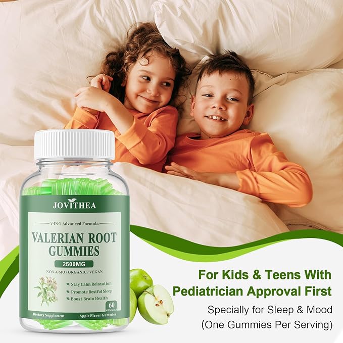 2 Pack Organic Valerian Root Gummies Herbal Supplements for Calm &amp Relaxation Natural Sleep Support for Adults &amp Kids Melatonin Free Vegan Non-GMO Gluten Free Apple Flavor 120 Count