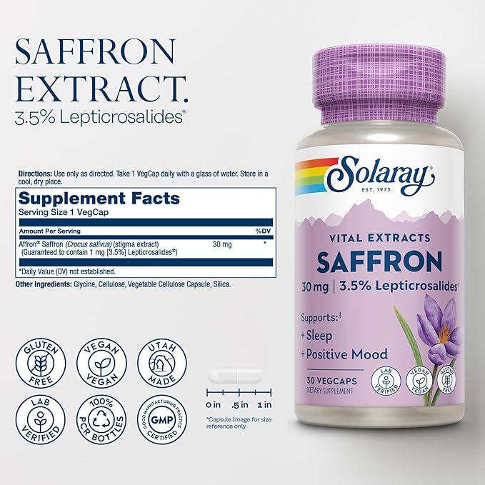 SOLARAY Saffron Extract - Sleep and Positive Mood Support - Vegan and Gluten Free Saffron Supplements - Lab Verified - 60-Day Guarantee - 30 Servings 30 VegCaps
