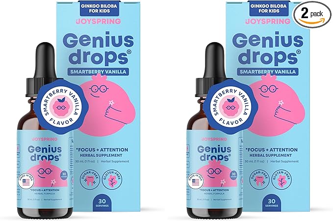 JoySpring Genius Drops Smartberry Vanilla | Herbal Focus Support for Kids with Ginkgo Biloba Licorice Root Gotu Kola Extract Peppermint Leaf | Liquid Formula|1fl oz (30 Servings) (Pack of 2)