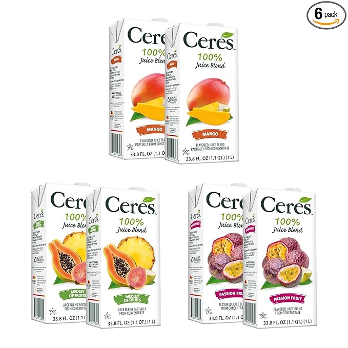 Ceres 100% All Natural Pure Fruit Juice Blend Variety Pack - Mango Medley of Fruits &amp Passion Fruit - Rich in Vitamin C No Added Sugar Gluten Free &amp Kosher Free - 33.8 FL OZ (Pack of 6)