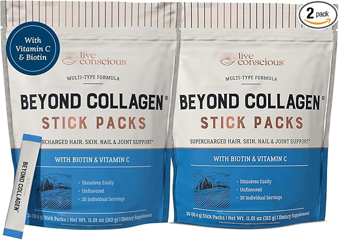 Live Conscious Beyond Collagen Peptides Powder Unflavored Packets-Hydrolyzed Collagen Powder-Hair Skin Nail &amp Joint Support- I II III V &amp X Grass-Fed Collagen Supplements for Women &amp Men 3