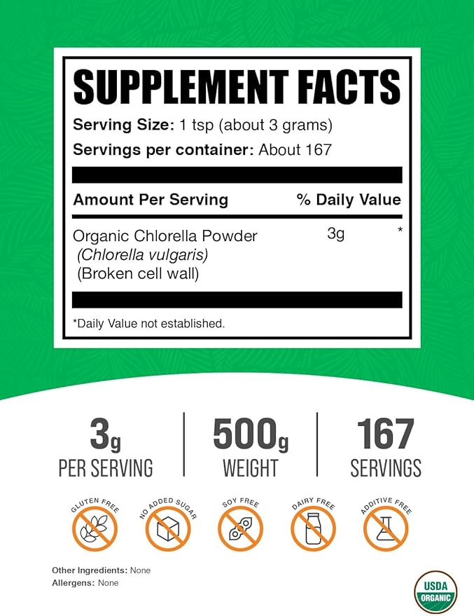 BulkSupplements.com Organic Chlorella Powder - Broken Cell Wall Green Superfood Powder Chlorella Supplement - Gluten Free 3g per Serving 500g (1.1 lbs) (Pack of 1)