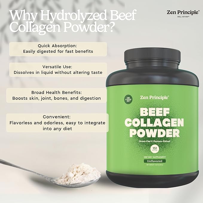 Zen Principle Grass-Fed Agglomerated Collagen Peptides 5 lb. Anti-Aging Hydrolyzed Protein Powder for Healthy Hair Skin &amp Joints. Paleo and Keto Friendly GMO and Gluten Free Pasture-Raised Bovi